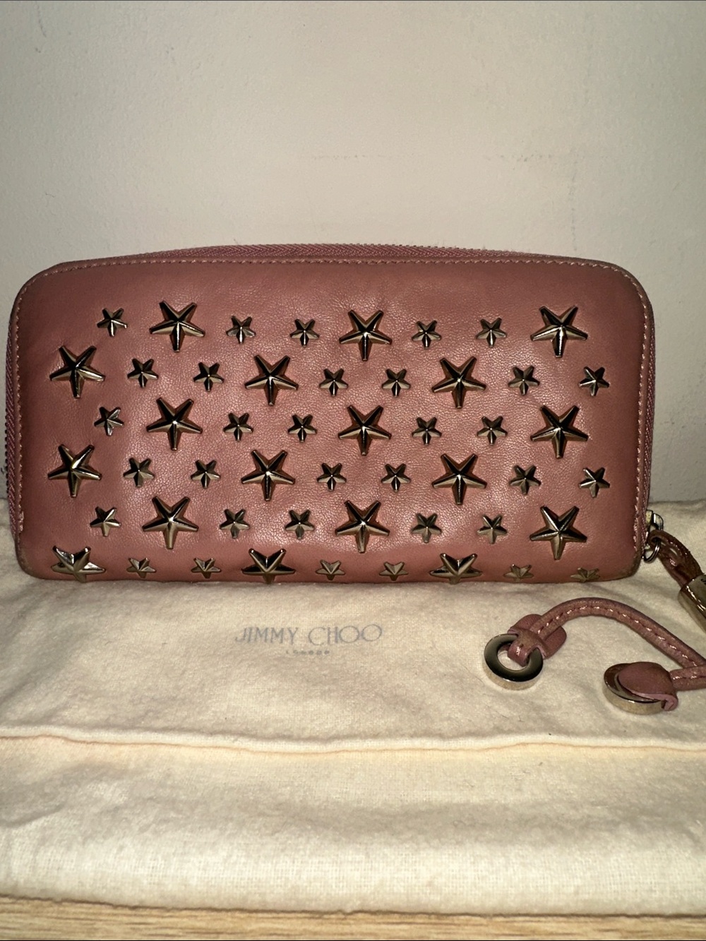 Jimmy Choo Filipa Rose Pink Star-Studded Zip-Around Wallet COA & Dust Bag